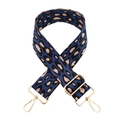 Detail of blue and pink leopard jacquard wide bag strap with gold metal swivel clasps - Silver Clasp / 3-A Blue Pink Leopard