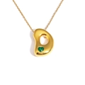 Close-up of gold titanium steel bean necklace with a sparkling green heart-shaped gemstone - Letter D