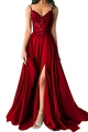 Detail of elegant red evening gown with sequin bodice and high side slit feature - L (US 12) / Light Wine Red
