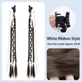 Cold brown hair extension clip with 45cm braid and white ribbon detail - Ponytail Clip with White Ribbon / 45CM / Pair / Cool Brown