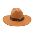 Ethnic style western cowboy hat in camel felt with bull head leather band decoration - Camel
