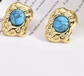 French vintage gold earrings with textured lava design and blue marble stone - ED19-Lava Turquoise Style