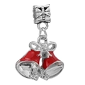 Red enamel bell charm with bow detail in silver metal for DIY jewelry making - Double Bell Charm (Red Enamel/Bow)
