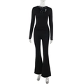 Detail view of black long sleeve set featuring V-neck lace trim and flared trousers - S / Black