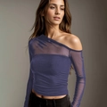 Slim fit deep purple off-shoulder mesh patchwork long sleeve top for women - S / Navy Blue