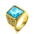 Men's gold-plated ring with large square blue gemstone and Greek key pattern - Gold Coral