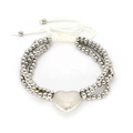 Bracciale a cuore placcato oro 18k con perline bianche intrecciate e cordino regolabile - Stile Cuore Satinato Argento (B)