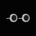 Close-up of silver stud earrings featuring a black round stone with a white zircon halo - One Pair / Black