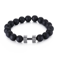 Matte black stone beaded bracelet with a silver dumbbell charm on a clean white background - Agate Steel (KB119644-Z)