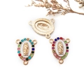 Ciondoli ovali Vergine di Guadalupe in lega dorata con strass colorati per gioielli - Collegamento a 3 Fori - Strass Colorati - 16x20mm / Base Bianca