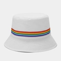 Detailed view of white cotton bucket hat featuring decorative rainbow striped ribbon - M (56-58cm) / White