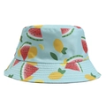 Bob réversible bleu clair avec motif intégral de tranches de pastèque et de citron - L(55-60cm Circonférence) / Style Pastèque Bleu Clair