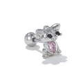 Silver animal stud earring with pink heart zircon and secure screw-back ball - Cute Dog Style / Silver