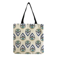 Detail view of canvas tote bag with evil eye patterns and black fabric straps - Blue Trend Eyes (hm2716)