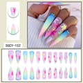 Long stiletto press-on nails with colorful maple leaf patterns and sparkling rhinestones - Pink Blue Yellow Gradient Maple Rhinestone Style (SGCY-152)