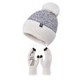 Winter set with grey knit beanie, white faux fur pom and touch screen gloves - Creamy White