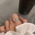 Silver heart-shaped open ring with colorful zircon stones worn by a model - Adjustable Open / Heart Multi-color Stone Style (J3738)