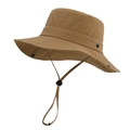 Detail of khaki wide brim sun hat with adjustable chin strap and side metal snaps - Dark Camel
