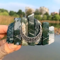 Detail of handmade 8cm boho moon hair clip with green and white raw crystals - Moss Agate + Moon