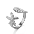Anillo abierto de estrella de mar y concha en acero inoxidable pulido plateado - Diseño de Estrella de Mar y Concha / Color Acero