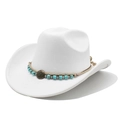 Close-up of white suede cowboy hat with turquoise beads and sunburst buckle decoration - M (56-58cm) / White