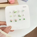Set of 6 pairs small floral silver stud earrings including butterflies and pearls - CRX1 Green Series / 6 Pairs Set