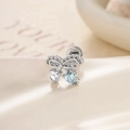Elegant silver bow stud earrings with sparkling heart-shaped blue and clear cubic zirconia - 0.8*6mm / Light Sea Blue (1 Pc)
