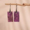 Elegant purple rectangular stone drop earrings with silver hooks on a natural branch - Amethyst Silver Hook