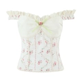 Floral off-shoulder top with lace trim and bow detail on a white background - S / Floral