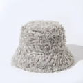 Solid grey fuzzy faux fur bucket hat for winter warmth with thick plush texture - Gray