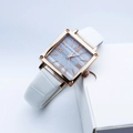 Square quartz watch with rose gold case, marble dial and white crocodile leather strap - White