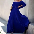 Detail of royal blue off-shoulder chiffon maxi dress with fine pleated fabric texture - S / Dresses / Blue