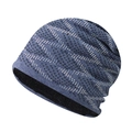 Detail of blue knit beanie with silver rhinestones and thick black faux fur lining - Adjustable / Checkerboard Rhinestone Blue