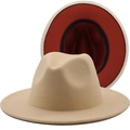 Classic beige and red two-tone wool fedora hat with a wide flat brim and jazz style - Beige/Caramel