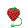 Cute red strawberry silicone straw cover cap with green leaves for reusable straws - Strawberry-1704-28