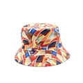 Detailed view of colorful abstract geometric patterns on a stylish bucket sun hat - One Size / Multicolor Geometric Collage Print (04)
