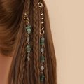 Ethnic hair rings with natural green stones and gold spiral charms on braided hair - Dark Green Set