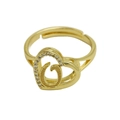 Adjustable gold heart ring featuring pave crystals and cursive letter G detail - Adjustable Open / Letter O