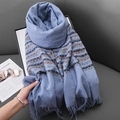 Plaid blue faux cashmere scarf with fringes and elegant navy stripes for women - Haze Blue