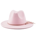 Close-up of light pink fedora hat with woven band detail and tassel accent in felt texture - M (56-58cm) / Pink