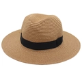 Détail de la texture en paille tressée et du ruban noir sur un chapeau Panama - Taille unique / Kaki