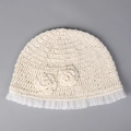 Detail of crochet sun hat with sequins, 3D flowers and pleated lace mesh trim - M (56-58cm) / Beige