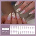 Lavender gradient press-on nails with white flower patterns in 24-piece almond set - Jelly Glue Type / DZ681-B7 Floral with Rhinestone