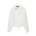 Elegant white ruffle high neck blouse with ribbon tie and long puff sleeves for women - XS / White