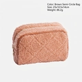 Quilted coffee teddy plush makeup bag with brown leather trim and metal zipper - Coffee Semi-circle Bag
