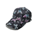 Women's black baseball cap with colorful butterfly print and distressed brushed texture - Black