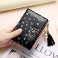 Short floral wallet in black leather with pink zipper detail and gold butterfly clasp - Black