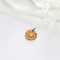 Detailed macro view of golden sun wheel pendant with colorful zircon stones on white fabric - Colorful Zirconia Heart Sun Wheel Style (H-8612)