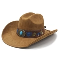 Brown suede western cowboy hat with blue floral embroidery and turquoise stone detail - M (56-57cm) / Khaki Faux Suede