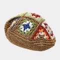 Handgefertigte Häkelbaske mit bunten Blumenmustern und böhmischem Bastgewebe - M (56-58cm) / Khaki